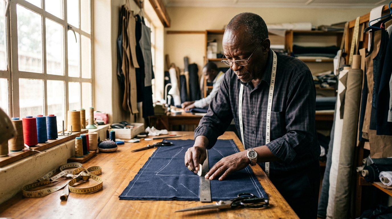 Master Kenyan tailor hand-measuring and chalking wool fabric on wooden workshop bench in bright morning natural sunlight
