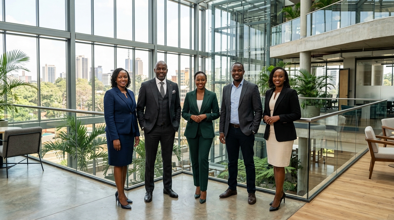 Kenyan corporate executives in tailored corporate suits and blazers in modern sunlit Nairobi atrium