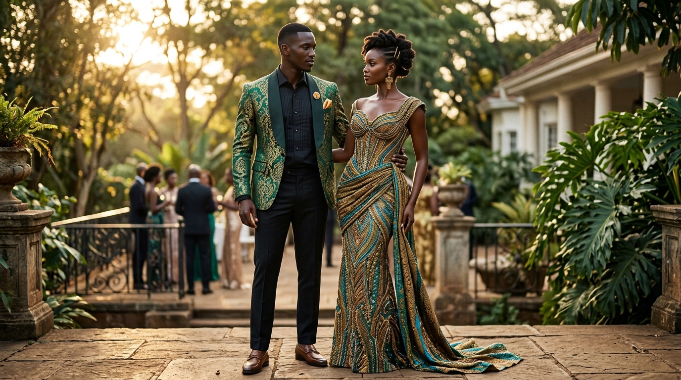 East African couple in bespoke evening gala attire in natural golden hour sunlight